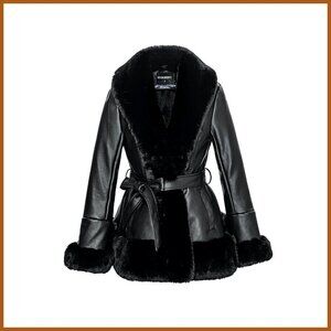 Faux Leather Jacket with Faux Fur Collar, Peplum Parka Coat with Belt